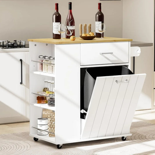 Portable Rolling Kitchen Island on Wheels with Tilt Out Trash Can Storage Towel Rack Spice Rack