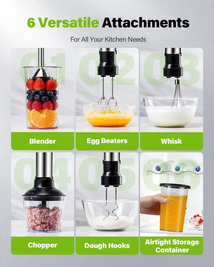 6-in-1 Immersion Blender 1000W Hand Blender 20 Speeds Scratch-Resistant Stick Mixer with Whisk & Chopper