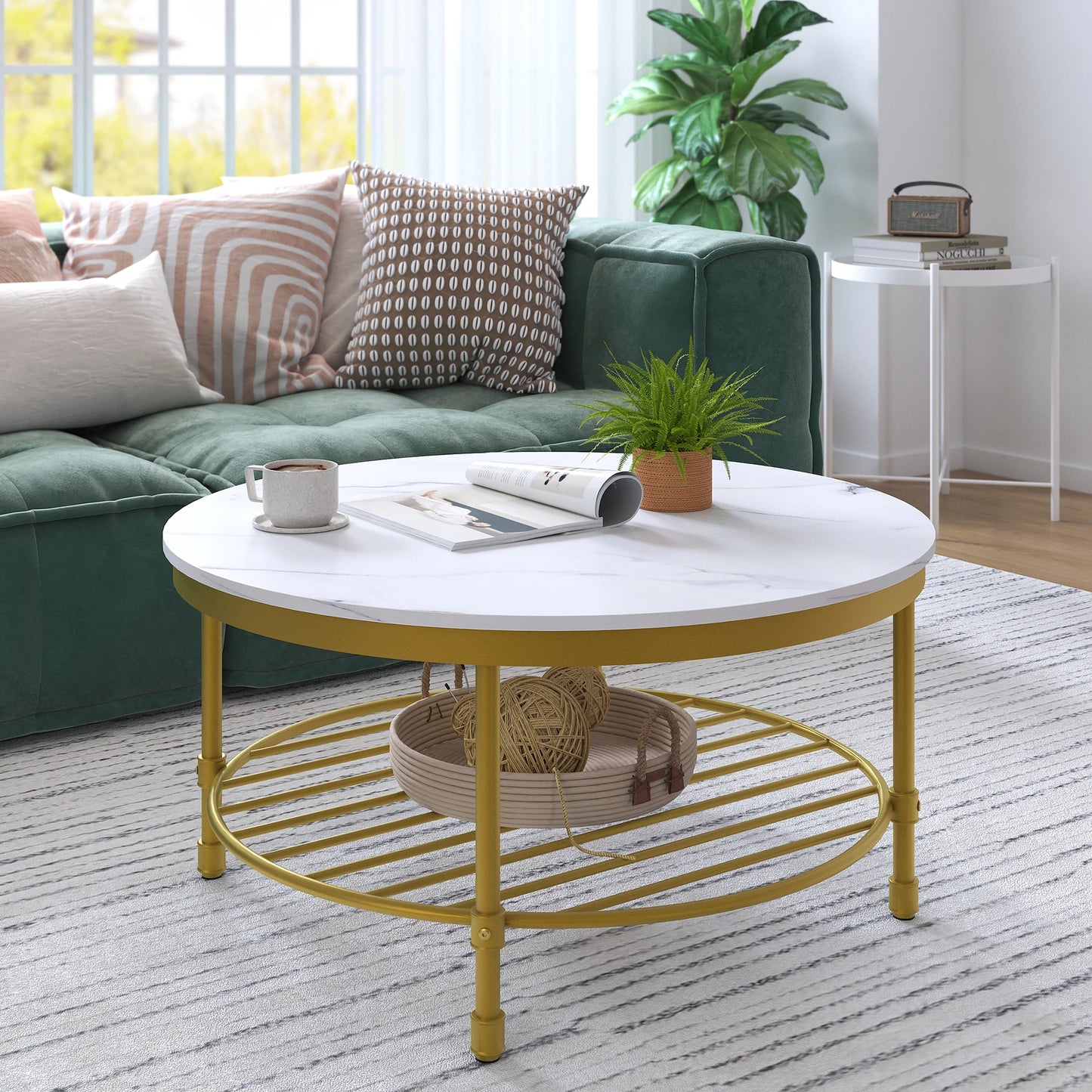 2-Tier Industrial Round Coffee Table Open Shelf Storage Marble White Gold Frame