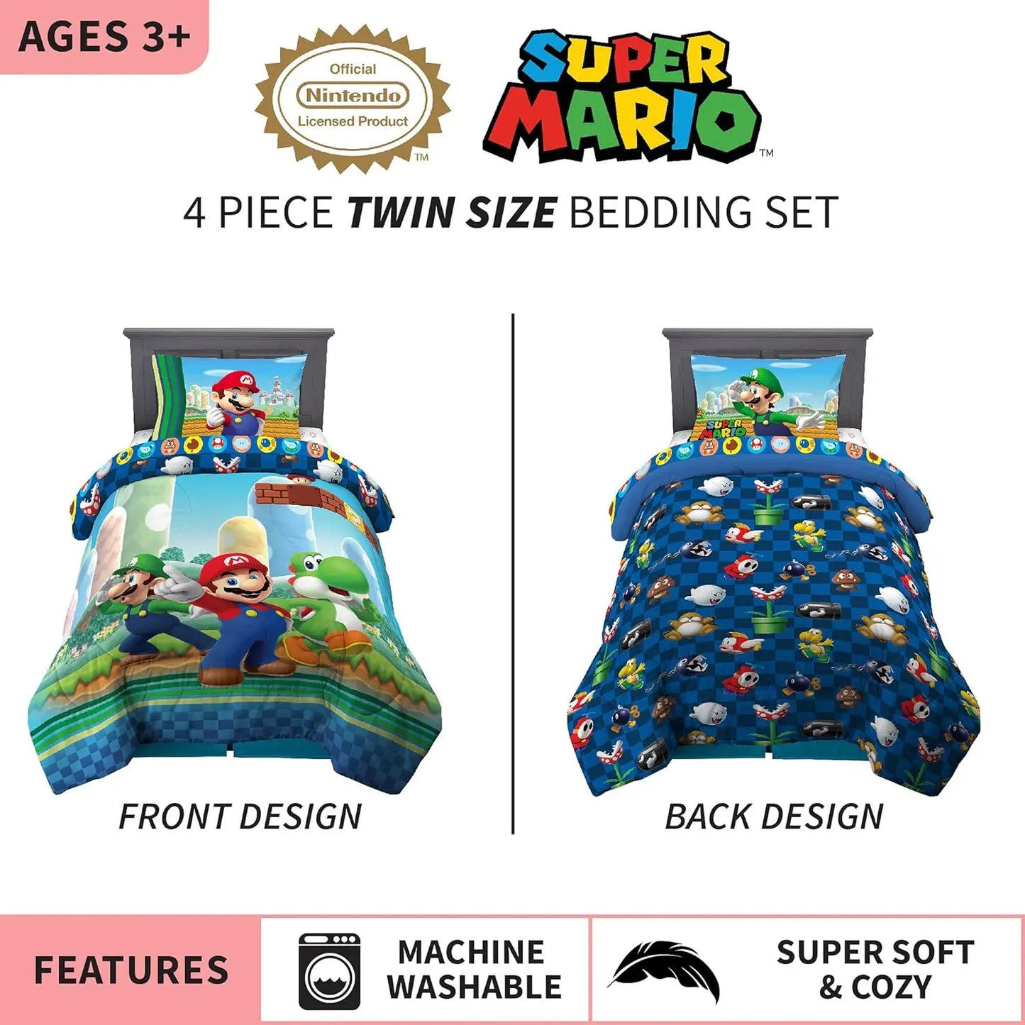 Super Mario Kids Twin Size Bedding Set (Comforter, Sheets) Reversible Officially Licensed 4 Piece