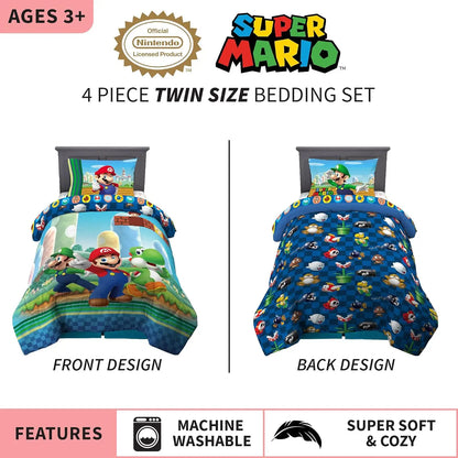 Super Mario Kids Twin Size Bedding Set (Comforter, Sheets) Reversible Officially Licensed 4 Piece