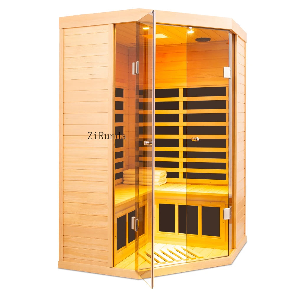 Hemlock Indoor Infrared Corner Sauna Large Glass Front 2 Person