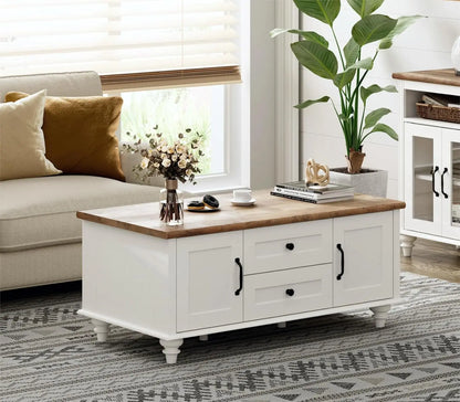 Rustic Wooden Farmhouse Coffee Table with Storage Cabinet