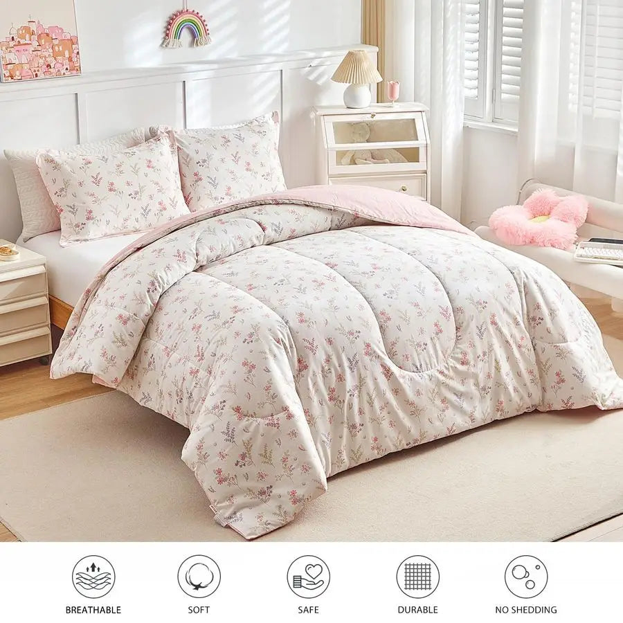 Cotton Floral Design Comforter Bedding Set for Girls Twin Size 68x88" 3 Pieces
