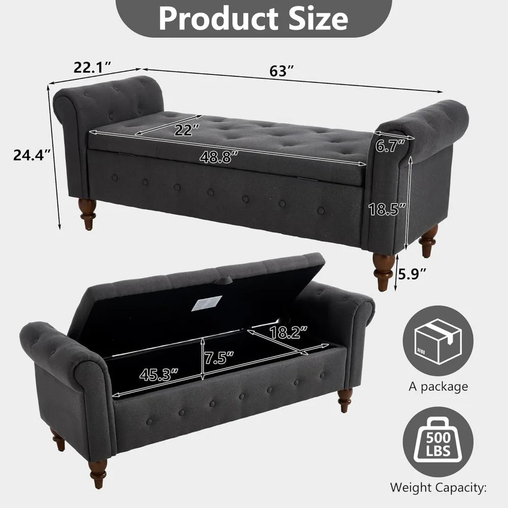 Upholstered King Size Ottoman End of Bed Bench 63" Rolled Arms and Legs