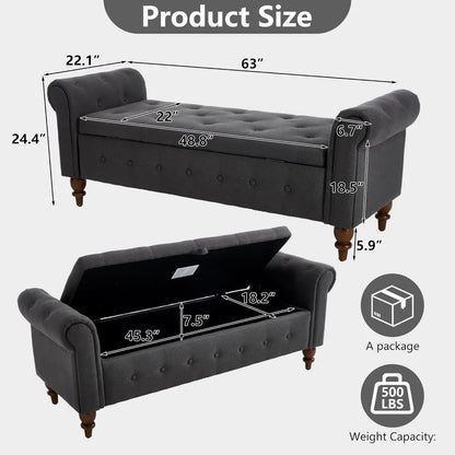 Upholstered King Size Ottoman End of Bed Bench 63" Rolled Arms and Legs