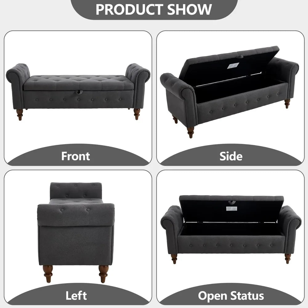 Upholstered King Size Ottoman End of Bed Bench 63" Rolled Arms and Legs