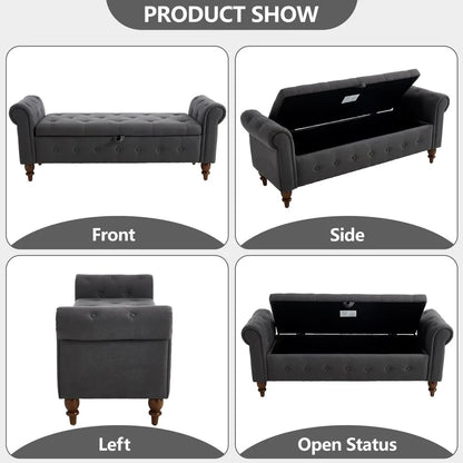 Upholstered King Size Ottoman End of Bed Bench 63" Rolled Arms and Legs