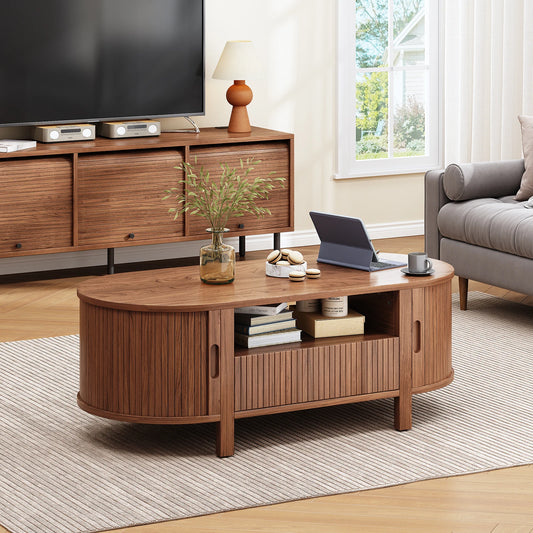Mid-Century Modern Fluted Oval Coffee Table 47" with Cabinets Sliding Doors