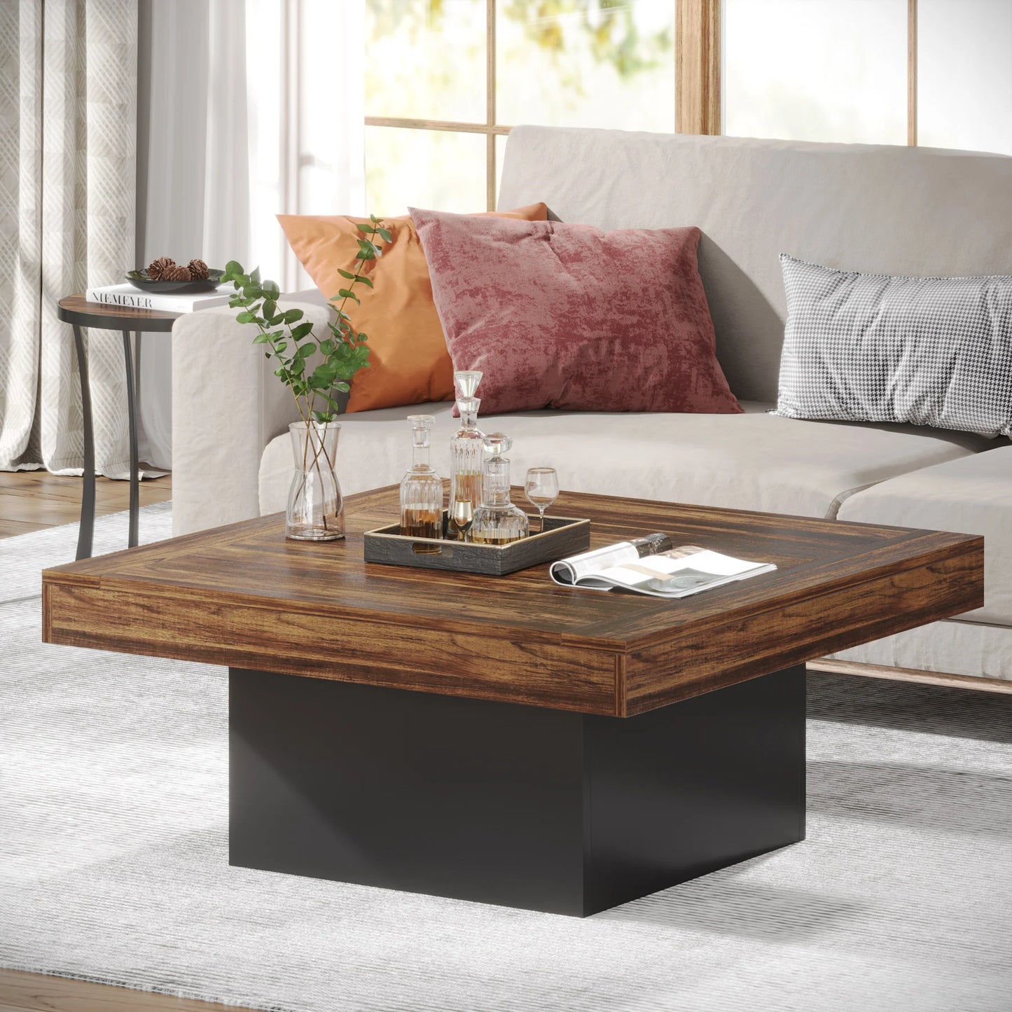 Rustic Low Square Coffee Table Square LED Engineered Wood