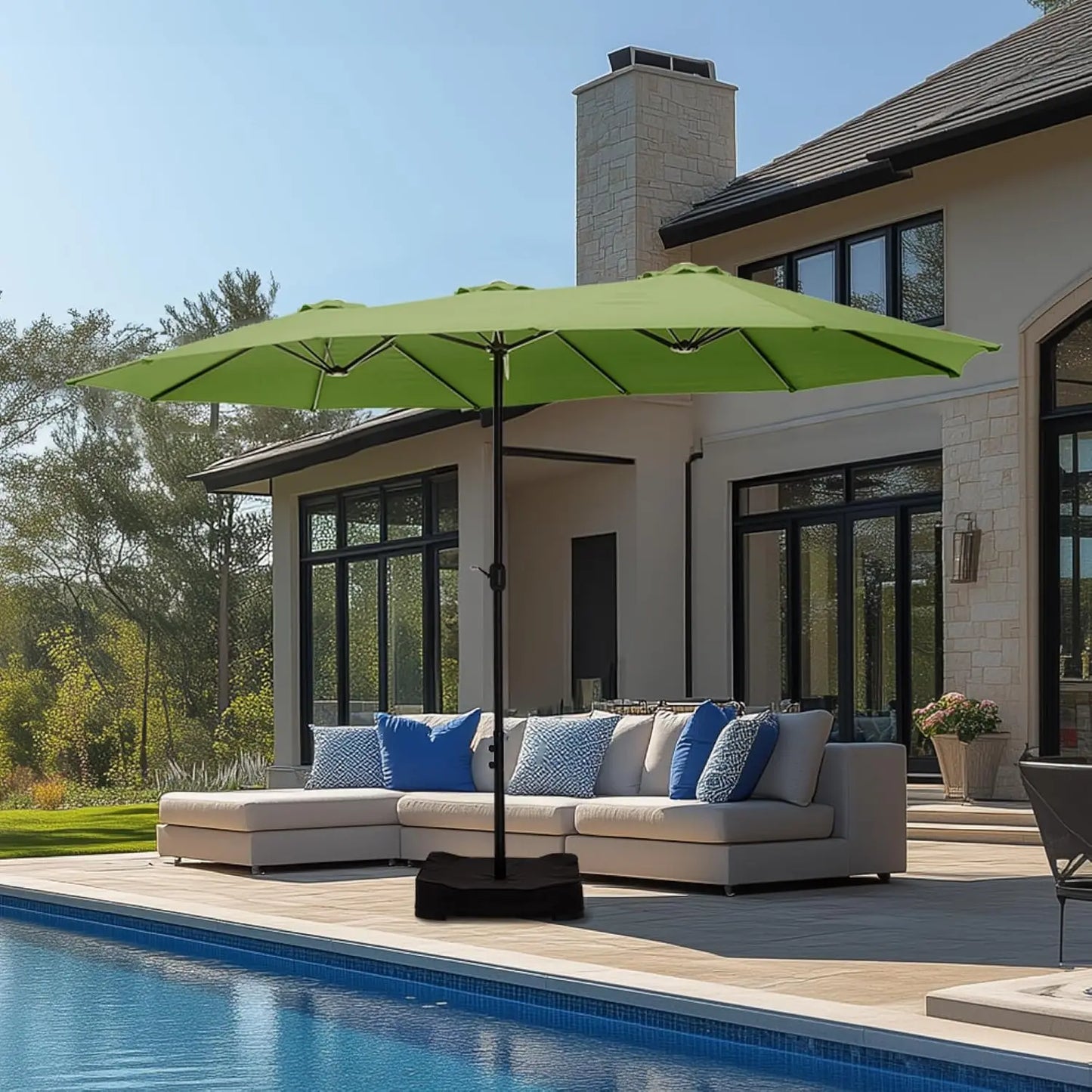 Large Double Sided Outdoor Rectangular Patio Umbrella Base Included Crank Handle 15 Ft