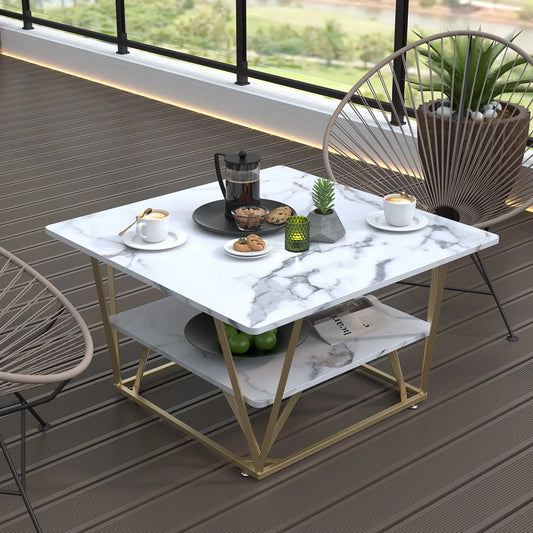 Modern 31.5" Square Two-Tier Coffee Table w/ Wooden Tabletop - White Marble, Gold Frame