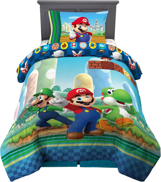 Super Mario Kids Twin Size Bedding Set (Comforter, Sheets) Reversible Officially Licensed 4 Piece